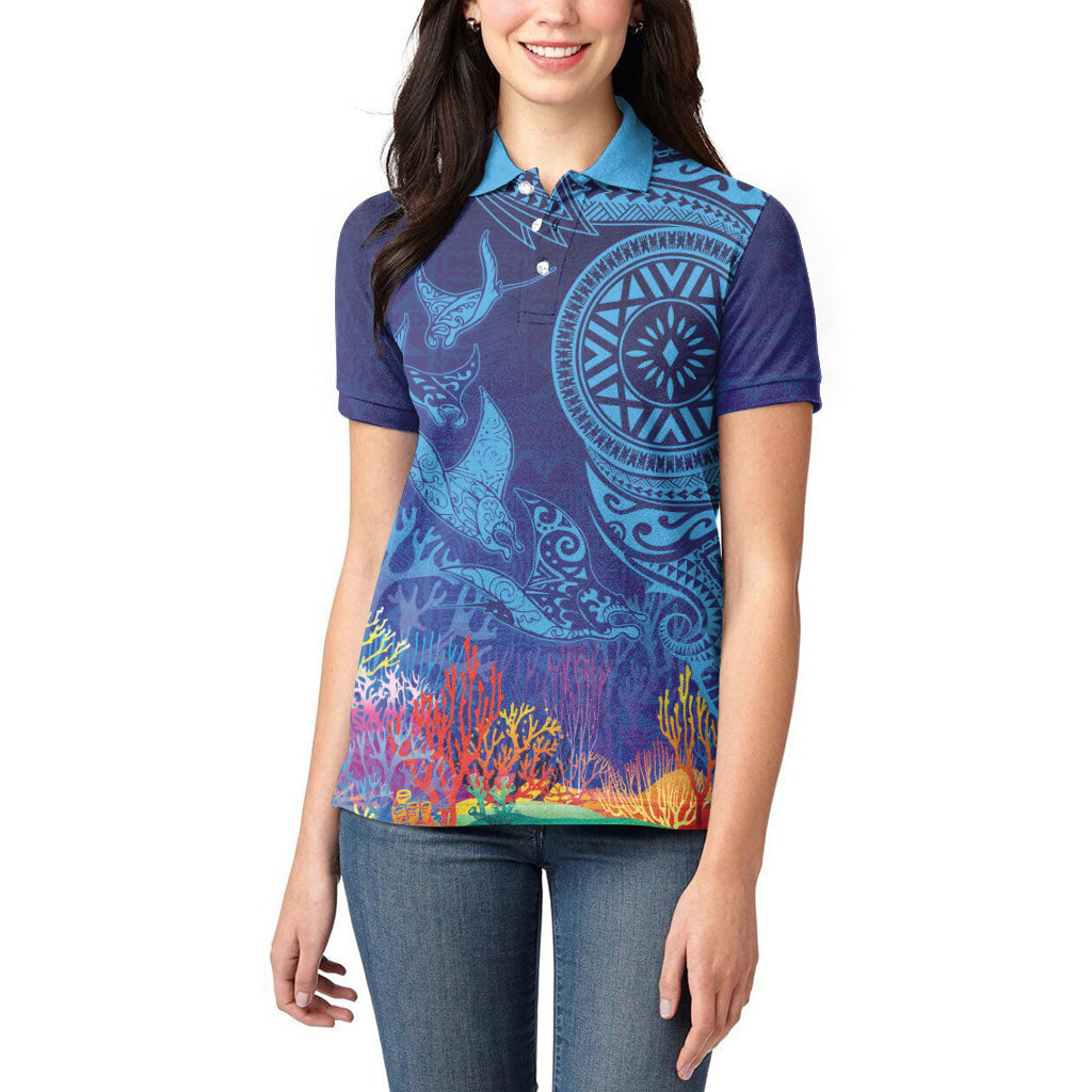 Fijian Tribal Manta Ray Women Polo Shirt Masi Motif with Coral Reef Ocean Vibe