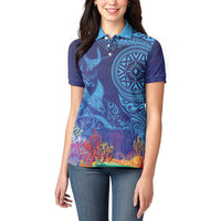 Fijian Tribal Manta Ray Women Polo Shirt Masi Motif with Coral Reef Ocean Vibe