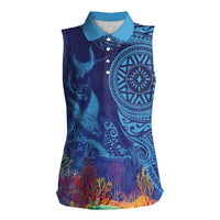 Fijian Tribal Manta Ray Women Sleeveless Polo Shirt Masi Motif with Coral Reef Ocean Vibe