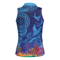 Fijian Tribal Manta Ray Women Sleeveless Polo Shirt Masi Motif with Coral Reef Ocean Vibe
