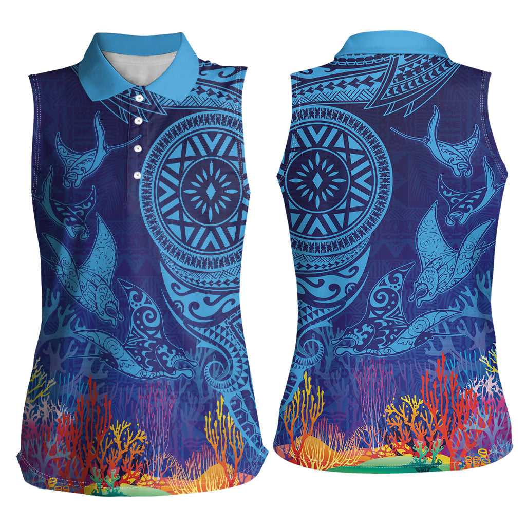 Fijian Tribal Manta Ray Women Sleeveless Polo Shirt Masi Motif with Coral Reef Ocean Vibe