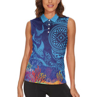 Fijian Tribal Manta Ray Women Sleeveless Polo Shirt Masi Motif with Coral Reef Ocean Vibe