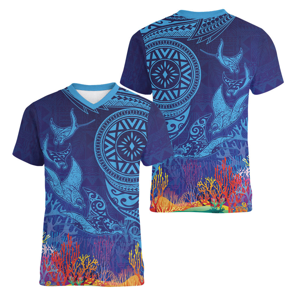 Fijian Tribal Manta Ray Women V-Neck T-Shirt Masi Motif with Coral Reef Ocean Vibe