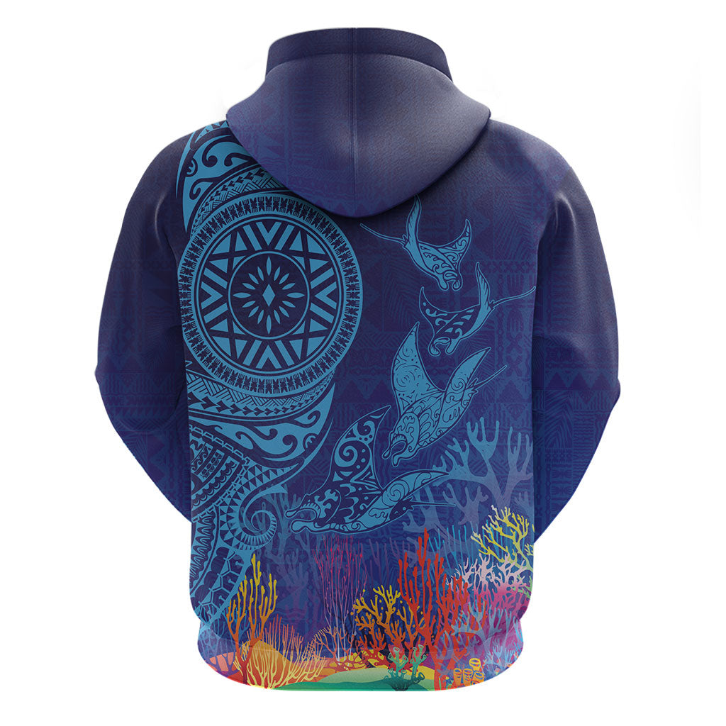 Fijian Tribal Manta Ray Zip Hoodie Masi Motif with Coral Reef Ocean Vibe