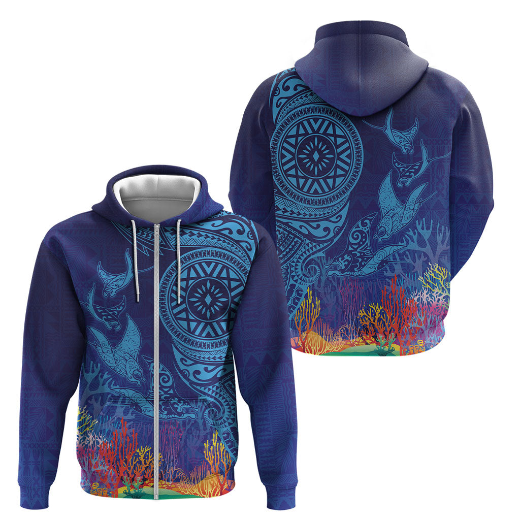 Fijian Tribal Manta Ray Zip Hoodie Masi Motif with Coral Reef Ocean Vibe