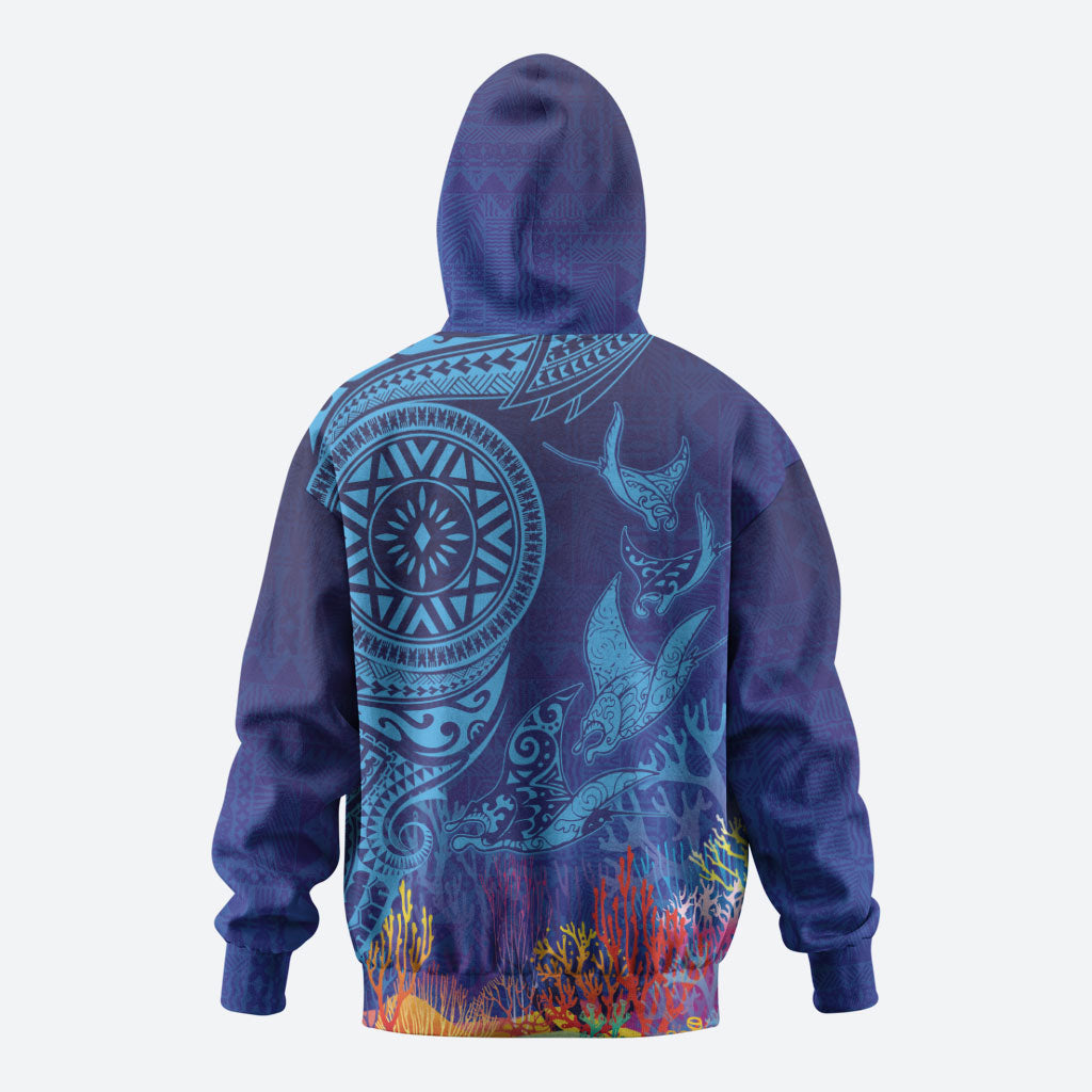 Fijian Tribal Manta Ray Zip Hoodie Masi Motif with Coral Reef Ocean Vibe
