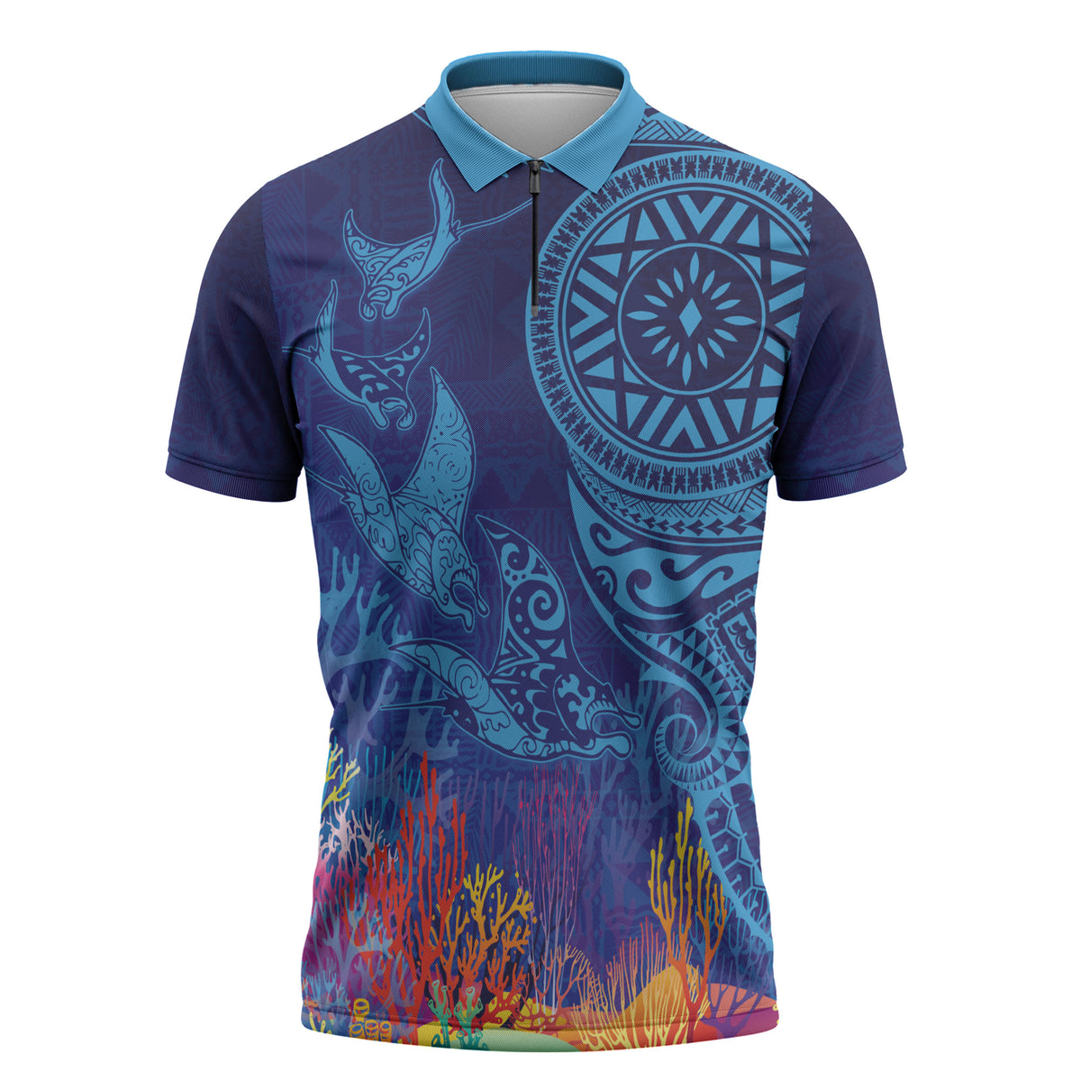 Fijian Tribal Manta Ray Zipper Polo Shirt Masi Motif with Coral Reef Ocean Vibe