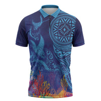 Fijian Tribal Manta Ray Zipper Polo Shirt Masi Motif with Coral Reef Ocean Vibe