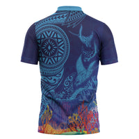 Fijian Tribal Manta Ray Zipper Polo Shirt Masi Motif with Coral Reef Ocean Vibe