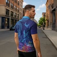 Fijian Tribal Manta Ray Zipper Polo Shirt Masi Motif with Coral Reef Ocean Vibe