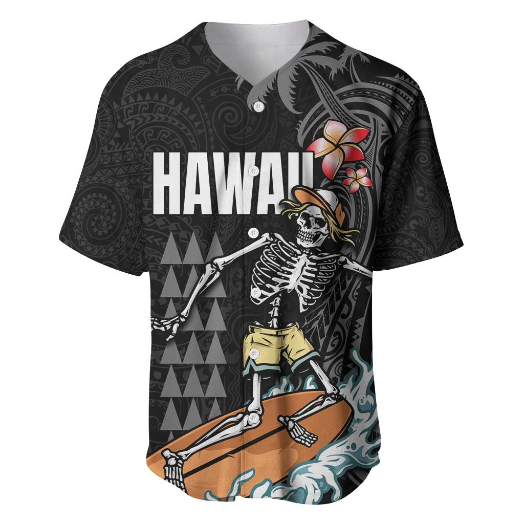 Hawaiian Halloween Skeleton Surfing Baseball Jersey Polynesian Tribal Tattoo and Hawaiian Pattern LT03 Black - Polynesian Pride