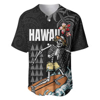 Hawaiian Halloween Skeleton Surfing Baseball Jersey Polynesian Tribal Tattoo and Hawaiian Pattern LT03 Black - Polynesian Pride