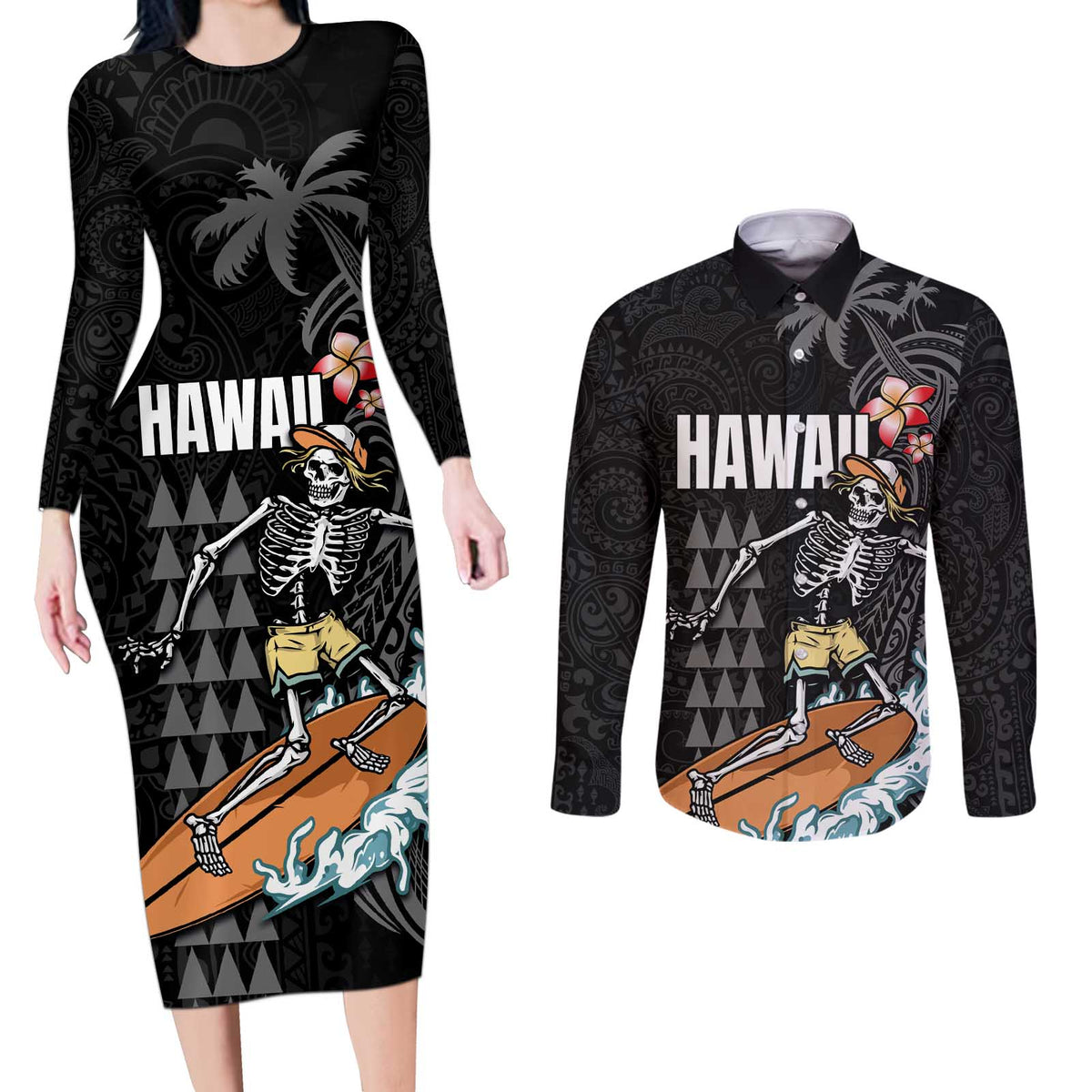 Hawaiian Halloween Skeleton Surfing Couples Matching Long Sleeve Bodycon Dress and Long Sleeve Button Shirt Polynesian Tribal Tattoo and Hawaiian Pattern