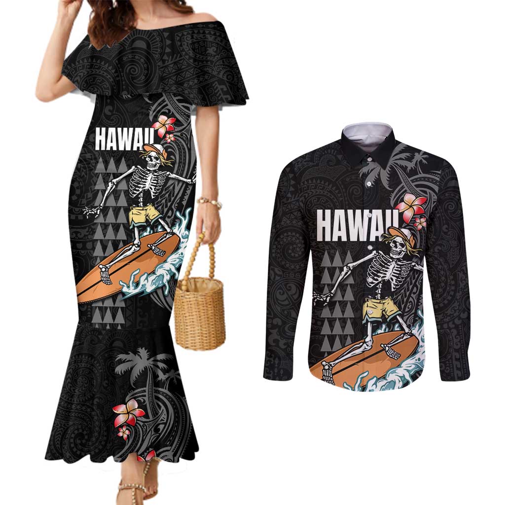 Hawaiian Halloween Skeleton Surfing Couples Matching Mermaid Dress and Long Sleeve Button Shirt Polynesian Tribal Tattoo and Hawaiian Pattern LT03 Black - Polynesian Pride