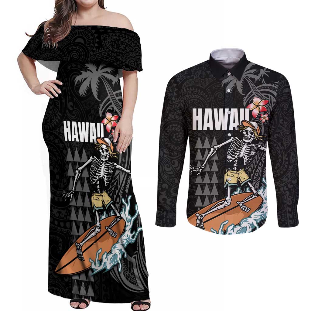 Hawaiian Halloween Skeleton Surfing Couples Matching Off Shoulder Maxi Dress and Long Sleeve Button Shirt Polynesian Tribal Tattoo and Hawaiian Pattern LT03 Black - Polynesian Pride