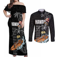 Hawaiian Halloween Skeleton Surfing Couples Matching Off Shoulder Maxi Dress and Long Sleeve Button Shirt Polynesian Tribal Tattoo and Hawaiian Pattern