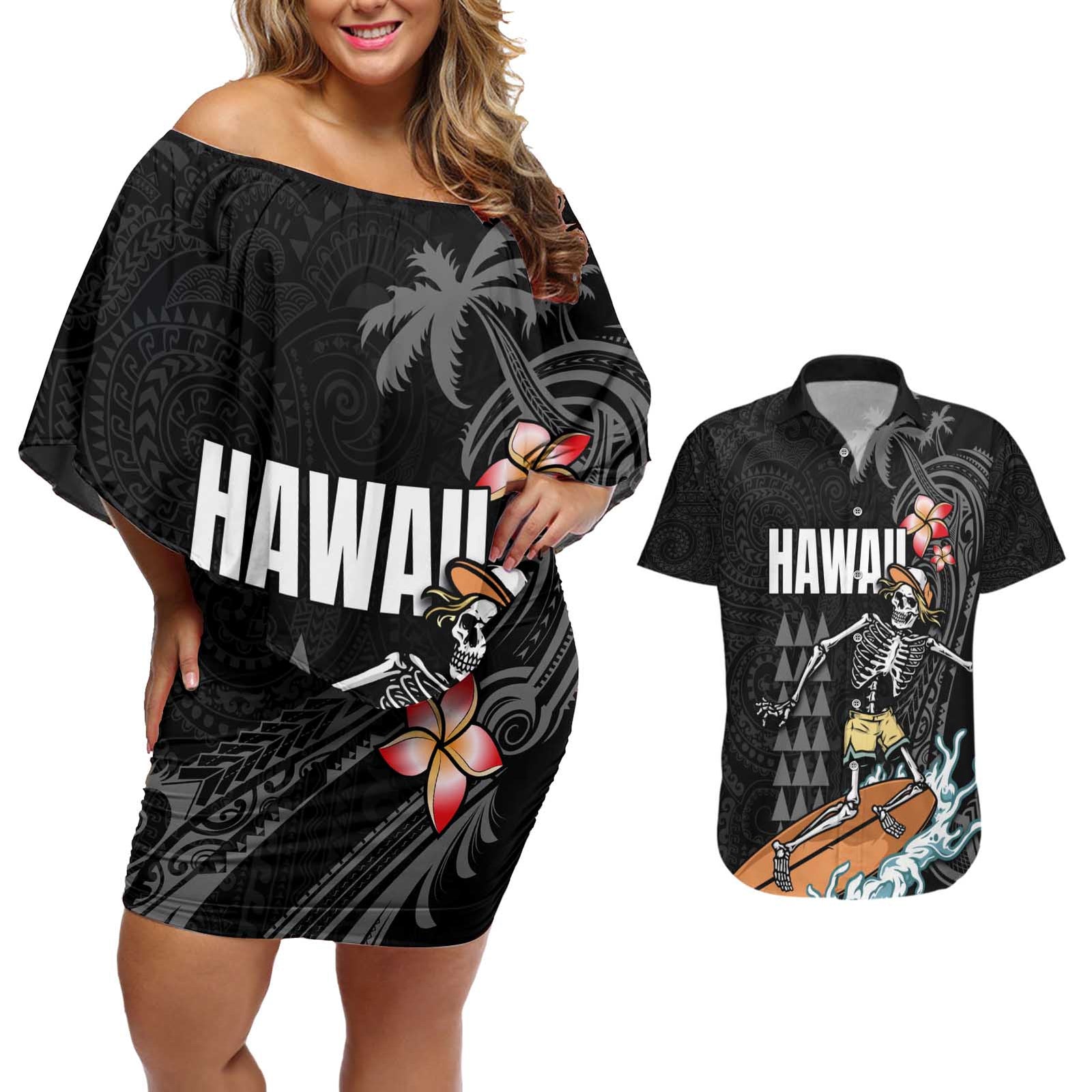Hawaiian Halloween Skeleton Surfing Couples Matching Off Shoulder Short Dress and Hawaiian Shirt Polynesian Tribal Tattoo and Hawaiian Pattern LT03 Black - Polynesian Pride
