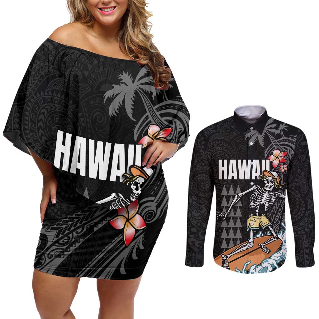 Hawaiian Halloween Skeleton Surfing Couples Matching Off Shoulder Short Dress and Long Sleeve Button Shirt Polynesian Tribal Tattoo and Hawaiian Pattern LT03 Black - Polynesian Pride