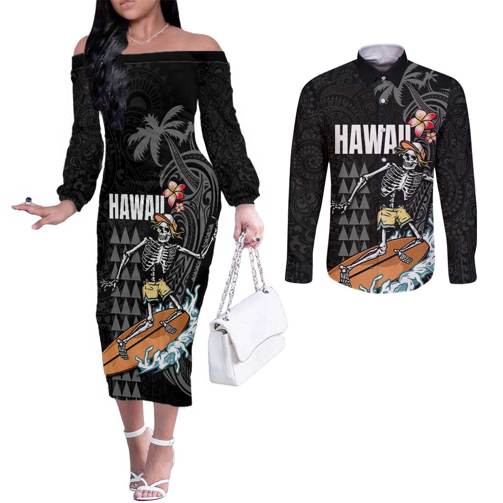 Hawaiian Halloween Skeleton Surfing Couples Matching Off The Shoulder Long Sleeve Dress and Long Sleeve Button Shirt Polynesian Tribal Tattoo and Hawaiian Pattern LT03 Black - Polynesian Pride