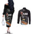 Hawaiian Halloween Skeleton Surfing Couples Matching Off The Shoulder Long Sleeve Dress and Long Sleeve Button Shirt Polynesian Tribal Tattoo and Hawaiian Pattern