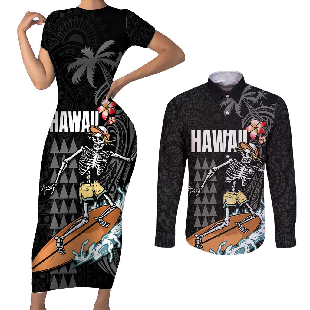 Hawaiian Halloween Skeleton Surfing Couples Matching Short Sleeve Bodycon Dress and Long Sleeve Button Shirt Polynesian Tribal Tattoo and Hawaiian Pattern LT03 Black - Polynesian Pride