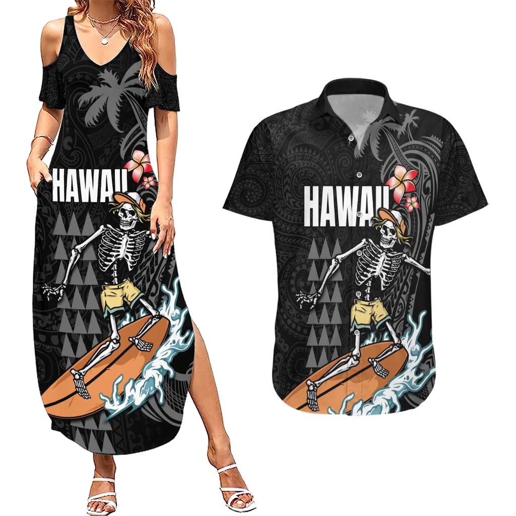 Hawaiian Halloween Skeleton Surfing Couples Matching Summer Maxi Dress and Hawaiian Shirt Polynesian Tribal Tattoo and Hawaiian Pattern LT03 Black - Polynesian Pride