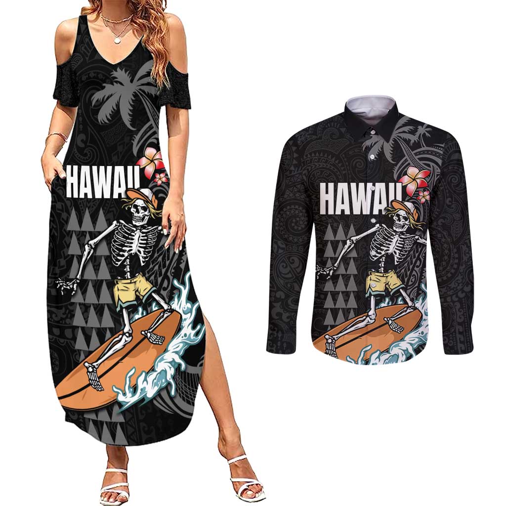 Hawaiian Halloween Skeleton Surfing Couples Matching Summer Maxi Dress and Long Sleeve Button Shirt Polynesian Tribal Tattoo and Hawaiian Pattern LT03 Black - Polynesian Pride