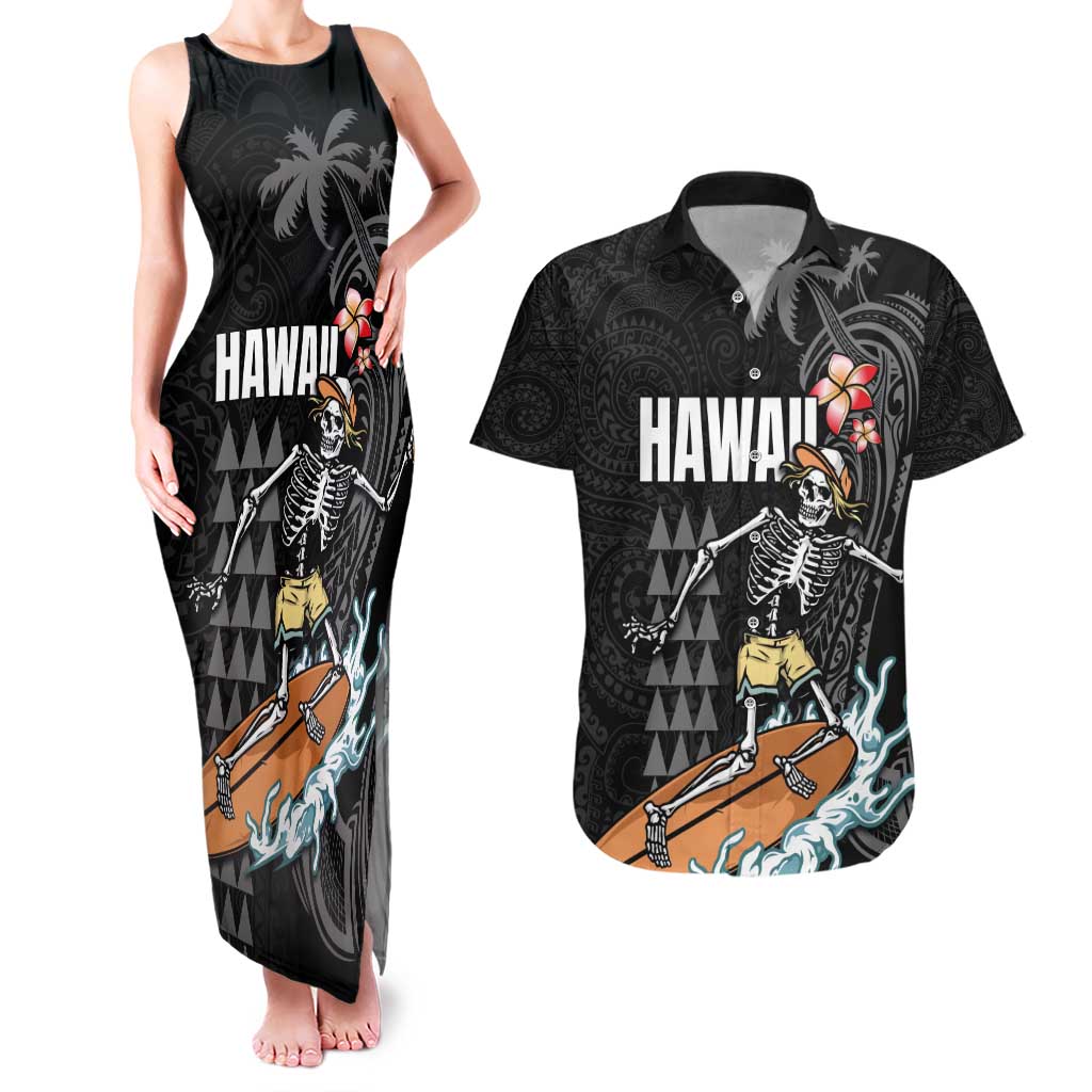 Hawaiian Halloween Skeleton Surfing Couples Matching Tank Maxi Dress and Hawaiian Shirt Polynesian Tribal Tattoo and Hawaiian Pattern LT03 Black - Polynesian Pride