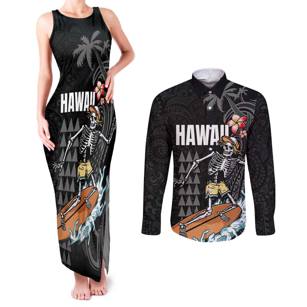 Hawaiian Halloween Skeleton Surfing Couples Matching Tank Maxi Dress and Long Sleeve Button Shirt Polynesian Tribal Tattoo and Hawaiian Pattern LT03 Black - Polynesian Pride