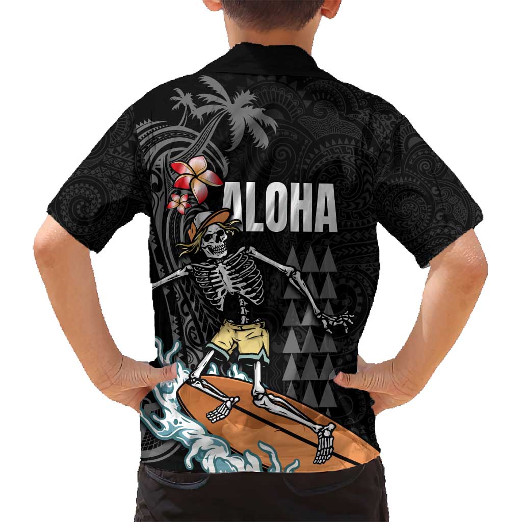 Hawaiian Halloween Skeleton Surfing Family Matching Long Sleeve Bodycon Dress and Hawaiian Shirt Polynesian Tribal Tattoo and Hawaiian Pattern LT03 - Polynesian Pride