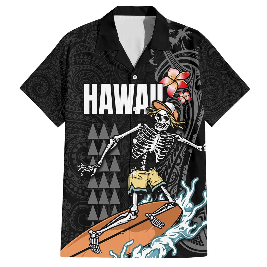 Hawaiian Halloween Skeleton Surfing Family Matching Long Sleeve Bodycon Dress and Hawaiian Shirt Polynesian Tribal Tattoo and Hawaiian Pattern LT03 Dad's Shirt - Short Sleeve Black - Polynesian Pride
