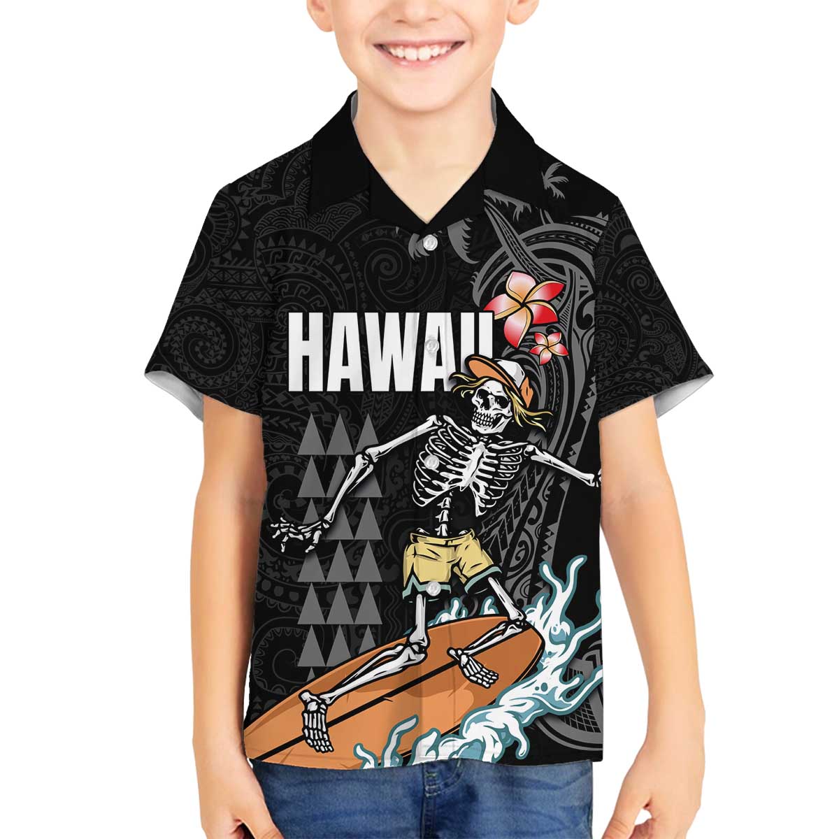 Hawaiian Halloween Skeleton Surfing Family Matching Off Shoulder Short Dress and Hawaiian Shirt Polynesian Tribal Tattoo and Hawaiian Pattern