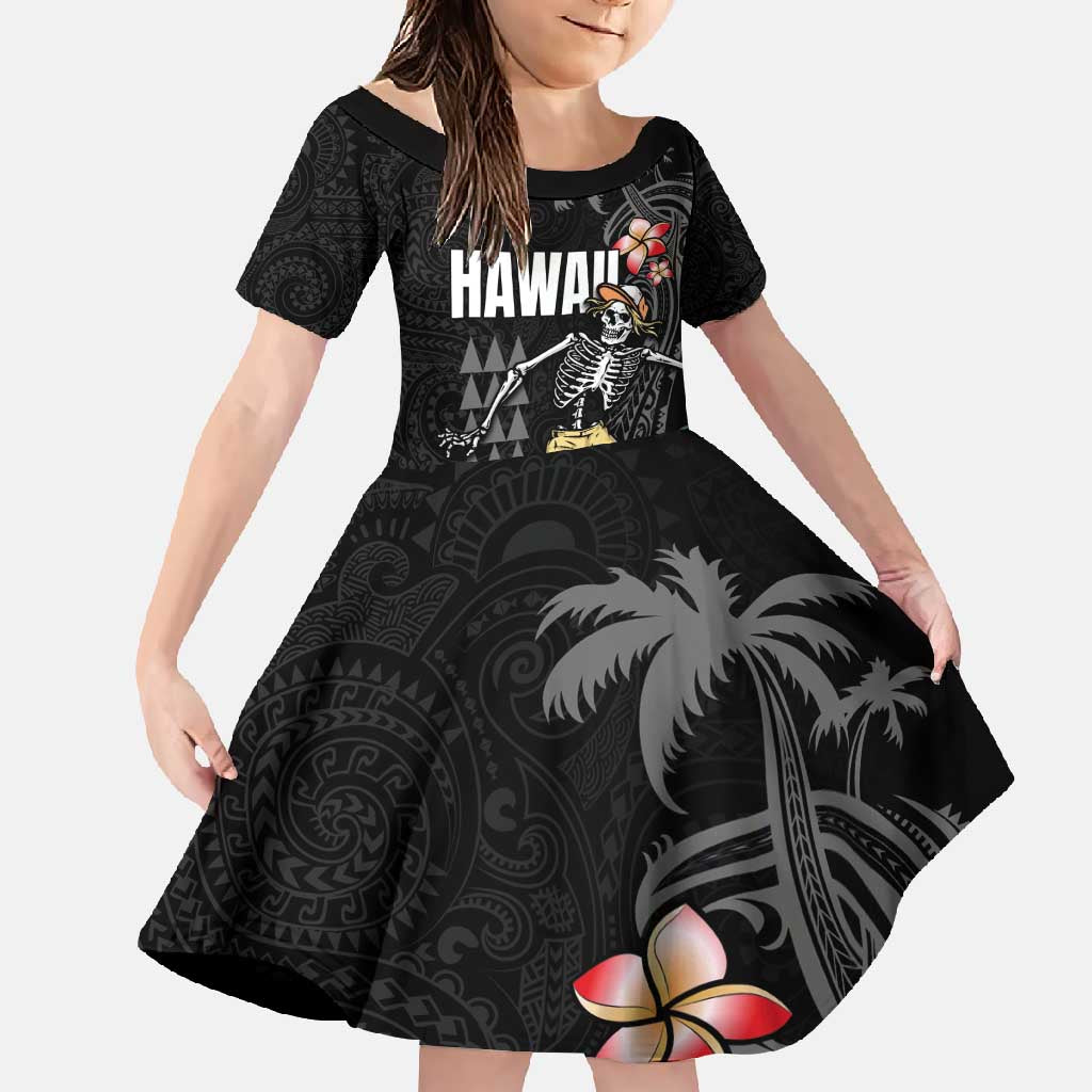 Hawaiian Halloween Skeleton Surfing Family Matching Short Sleeve Bodycon Dress and Hawaiian Shirt Polynesian Tribal Tattoo and Hawaiian Pattern LT03 Daughter's Dress Black - Polynesian Pride