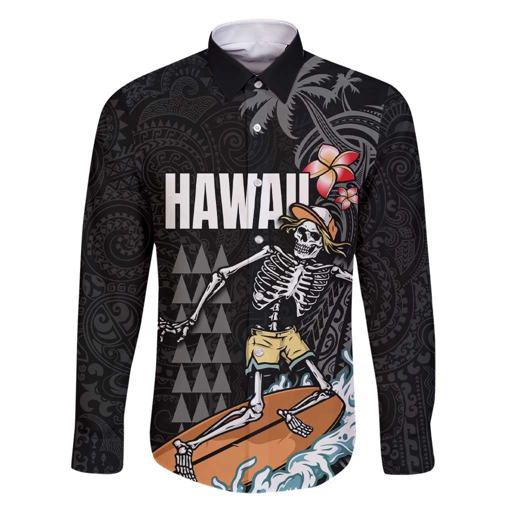 Hawaiian Halloween Skeleton Surfing Family Matching Short Sleeve Bodycon Dress and Hawaiian Shirt Polynesian Tribal Tattoo and Hawaiian Pattern LT03 Dad's Shirt - Long Sleeve Black - Polynesian Pride