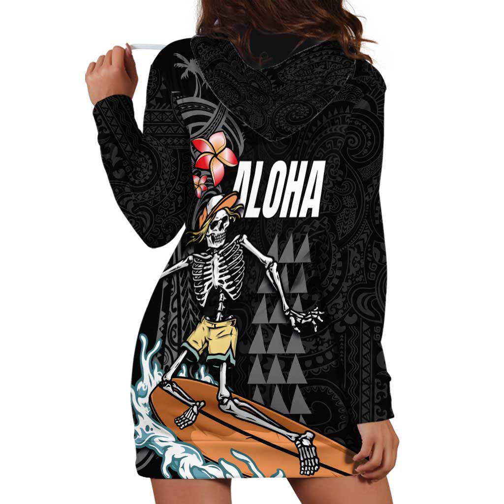 Hawaiian Halloween Skeleton Surfing Hoodie Dress Polynesian Tribal Tattoo and Hawaiian Pattern
