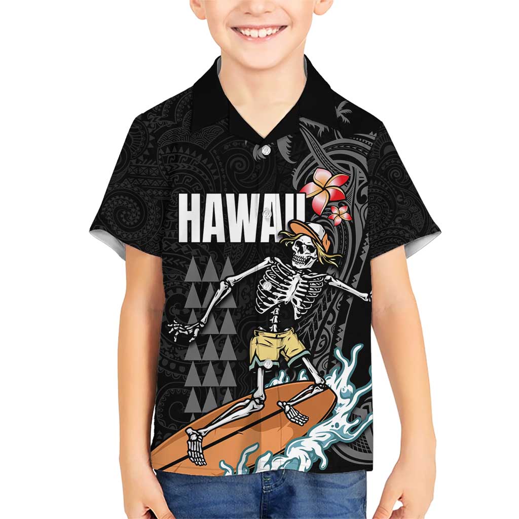 Hawaiian Halloween Skeleton Surfing Kid Hawaiian Shirt Polynesian Tribal Tattoo and Hawaiian Pattern