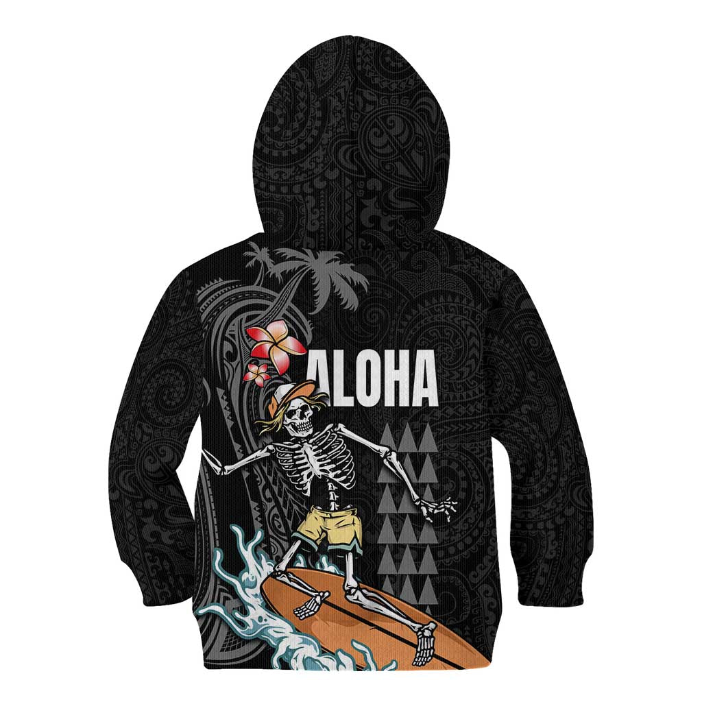 Hawaiian Halloween Skeleton Surfing Kid Hoodie Polynesian Tribal Tattoo and Hawaiian Pattern