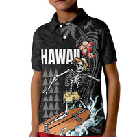 Hawaiian Halloween Skeleton Surfing Kid Polo Shirt Polynesian Tribal Tattoo and Hawaiian Pattern