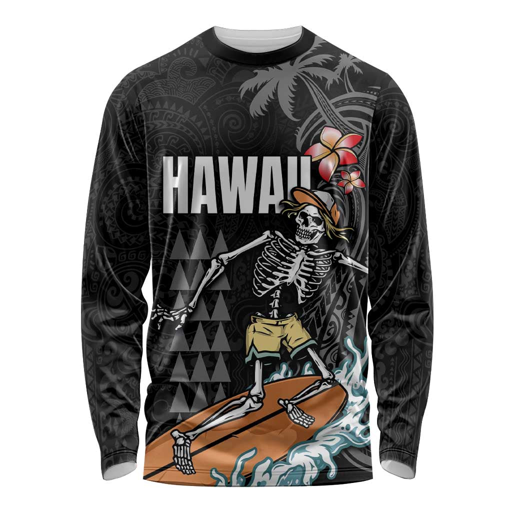 Hawaiian Halloween Skeleton Surfing Long Sleeve Shirt Polynesian Tribal Tattoo and Hawaiian Pattern LT03 Unisex Black - Polynesian Pride
