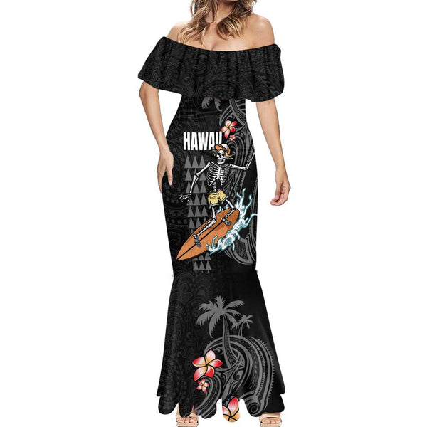 mermaid skeleton maxi dress Hawaiian Halloween Skeleton Surfing Mermaid Dress Polynesian Tribal Ta
