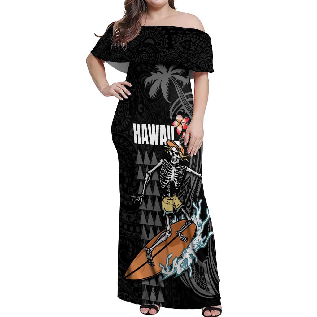 Hawaiian Halloween Skeleton Surfing Off Shoulder Maxi Dress Polynesian Tribal Tattoo and Hawaiian Pattern