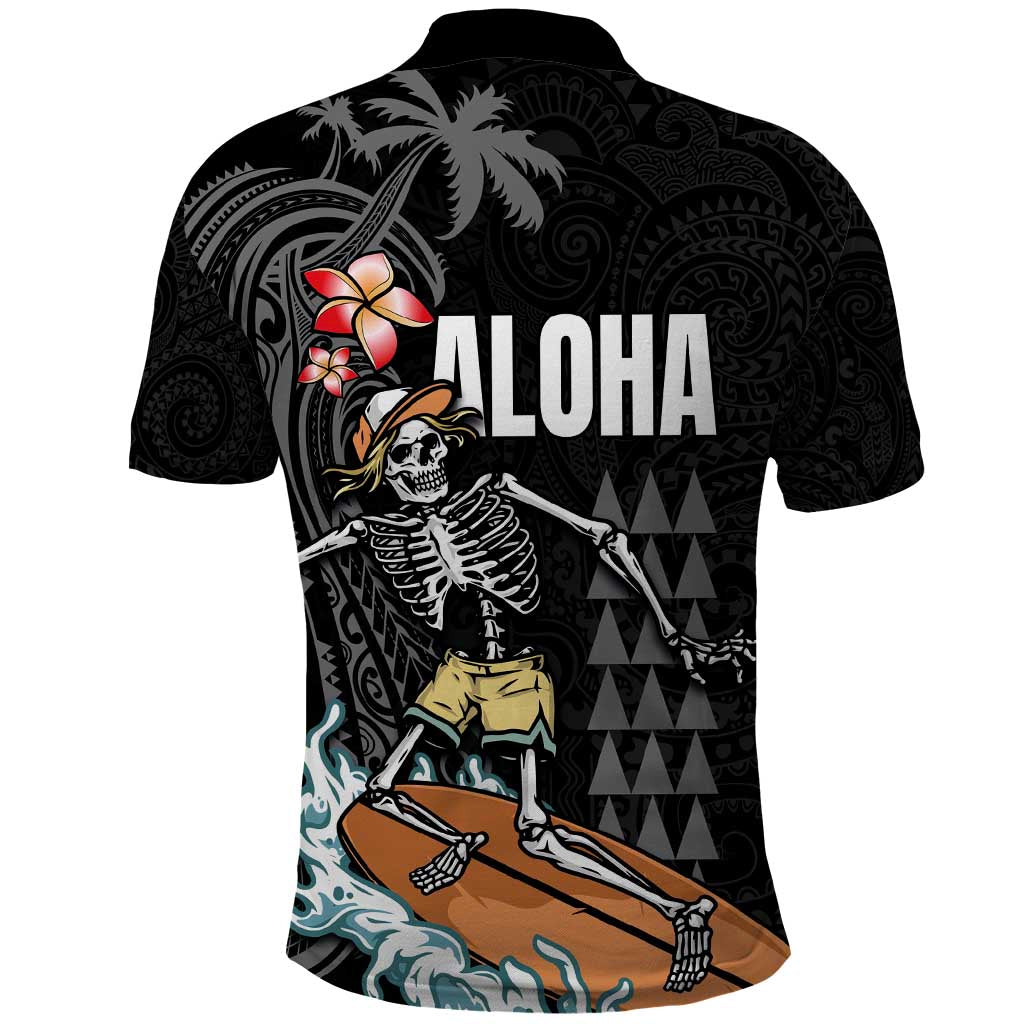 Hawaiian Halloween Skeleton Surfing Polo Shirt Polynesian Tribal Tattoo and Hawaiian Pattern