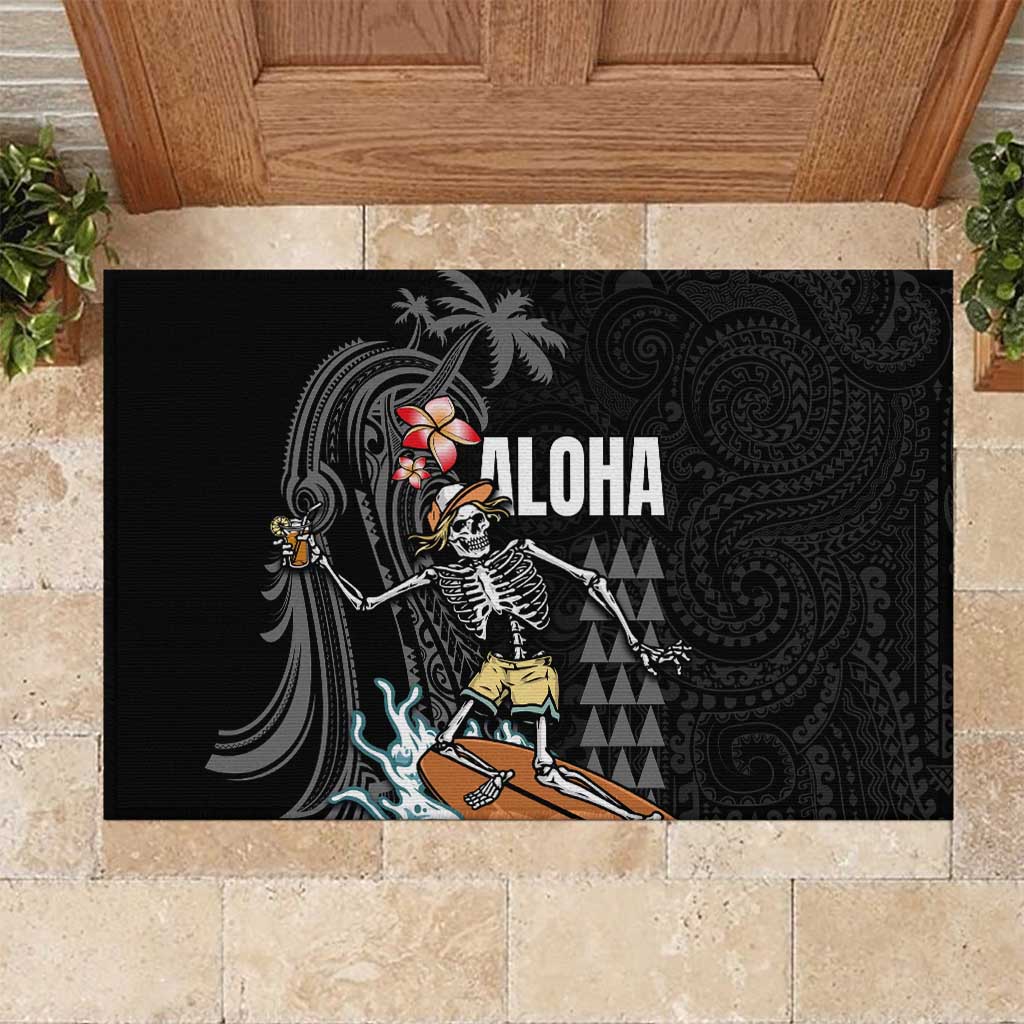 Hawaiian Halloween Skeleton Surfing Rubber Doormat Polynesian Tribal Tattoo and Hawaiian Pattern