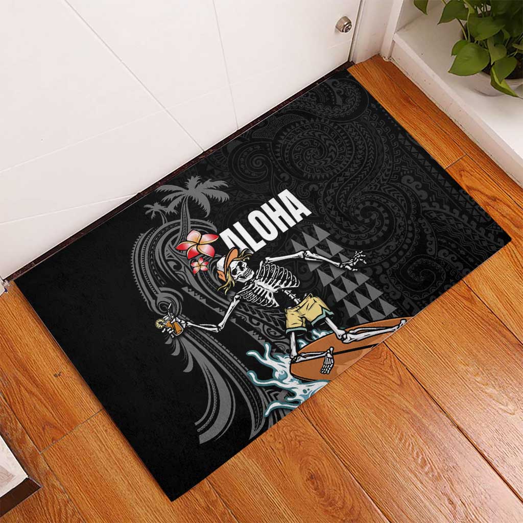 Hawaiian Halloween Skeleton Surfing Rubber Doormat Polynesian Tribal Tattoo and Hawaiian Pattern