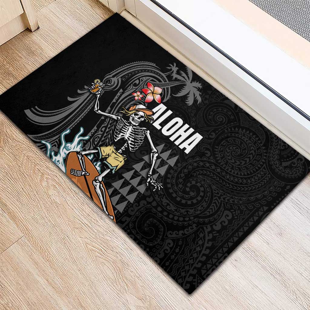 Hawaiian Halloween Skeleton Surfing Rubber Doormat Polynesian Tribal Tattoo and Hawaiian Pattern