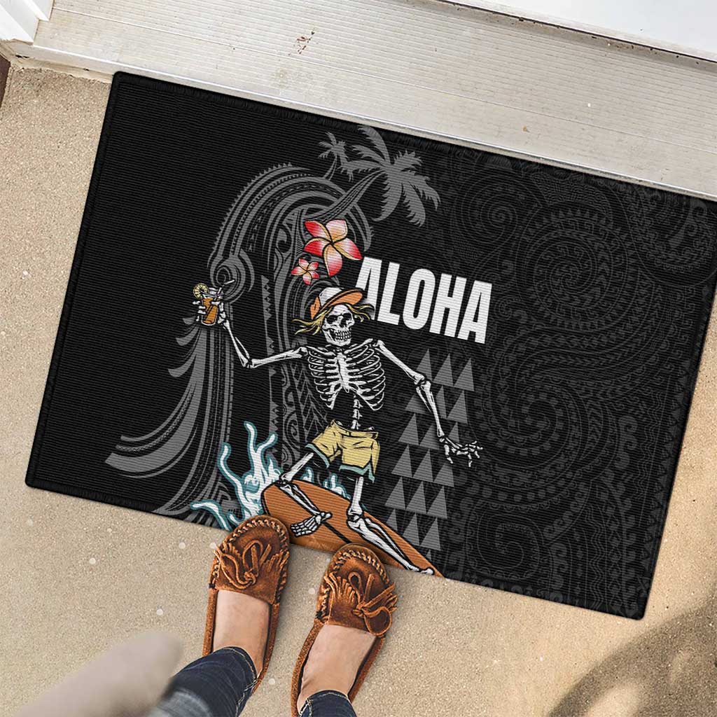 Hawaiian Halloween Skeleton Surfing Rubber Doormat Polynesian Tribal Tattoo and Hawaiian Pattern