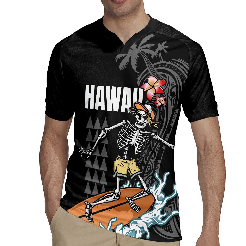 Hawaiian Halloween Skeleton Surfing Rugby Jersey Polynesian Tribal Tattoo and Hawaiian Pattern