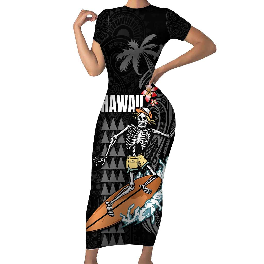 Hawaiian Halloween Skeleton Surfing Short Sleeve Bodycon Dress Polynesian Tribal Tattoo and Hawaiian Pattern LT03 Long Dress Black - Polynesian Pride