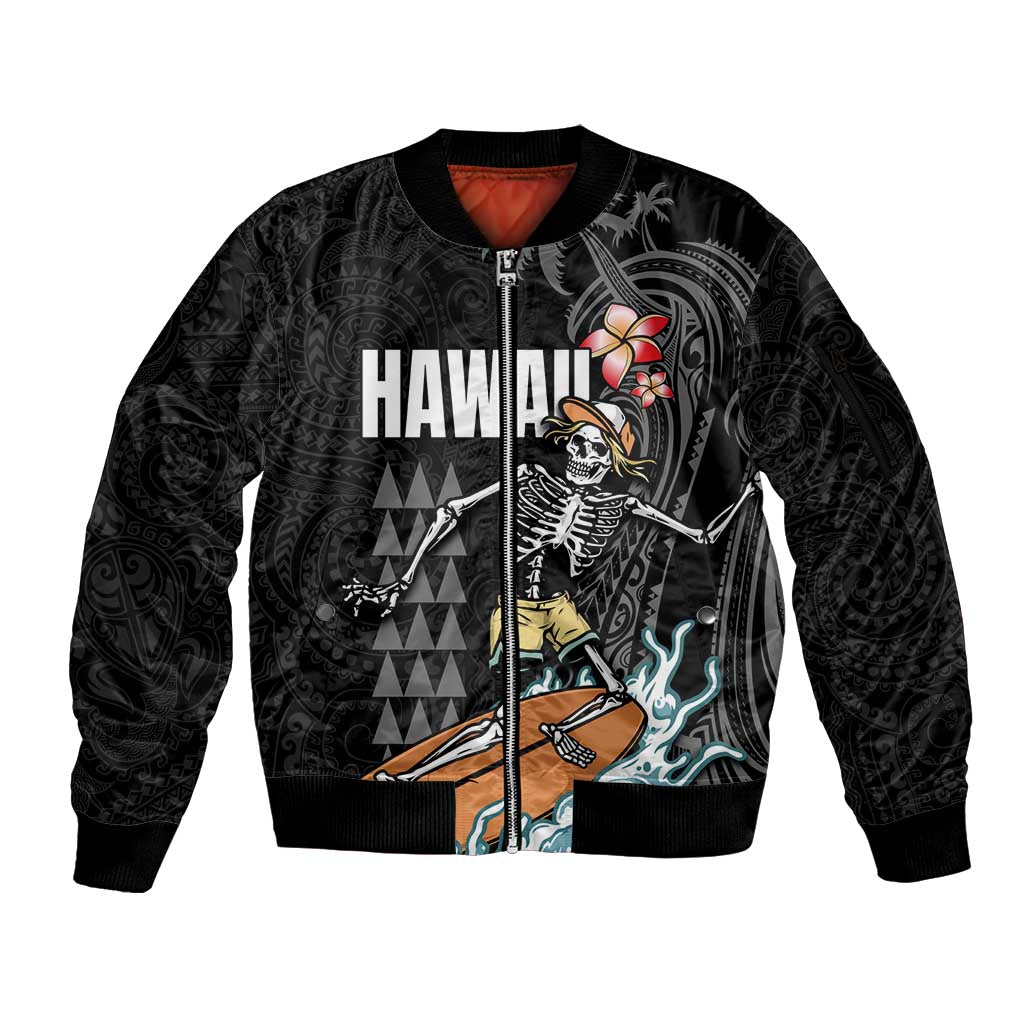 Hawaiian Halloween Skeleton Surfing Sleeve Zip Bomber Jacket Polynesian Tribal Tattoo and Hawaiian Pattern LT03 Unisex Black - Polynesian Pride