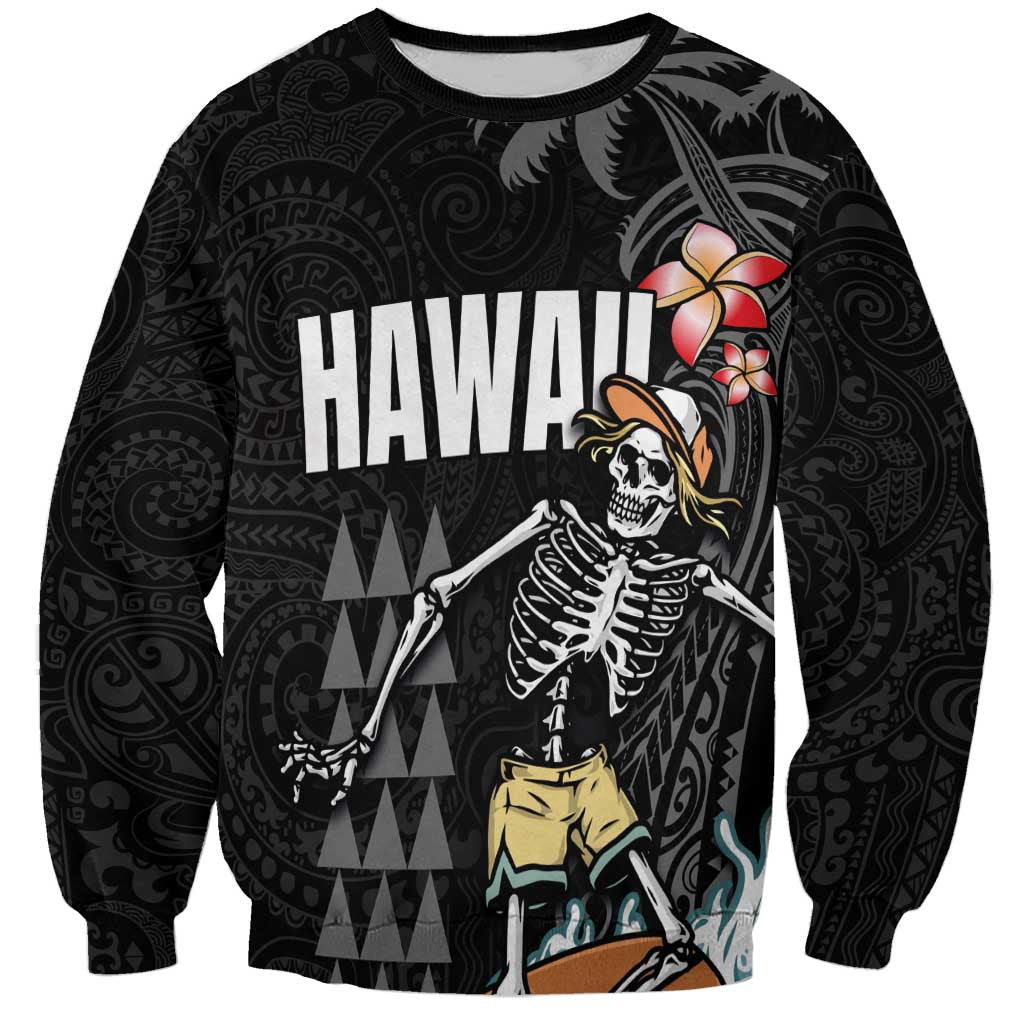 Hawaiian Halloween Skeleton Surfing Sweatshirt Polynesian Tribal Tattoo and Hawaiian Pattern